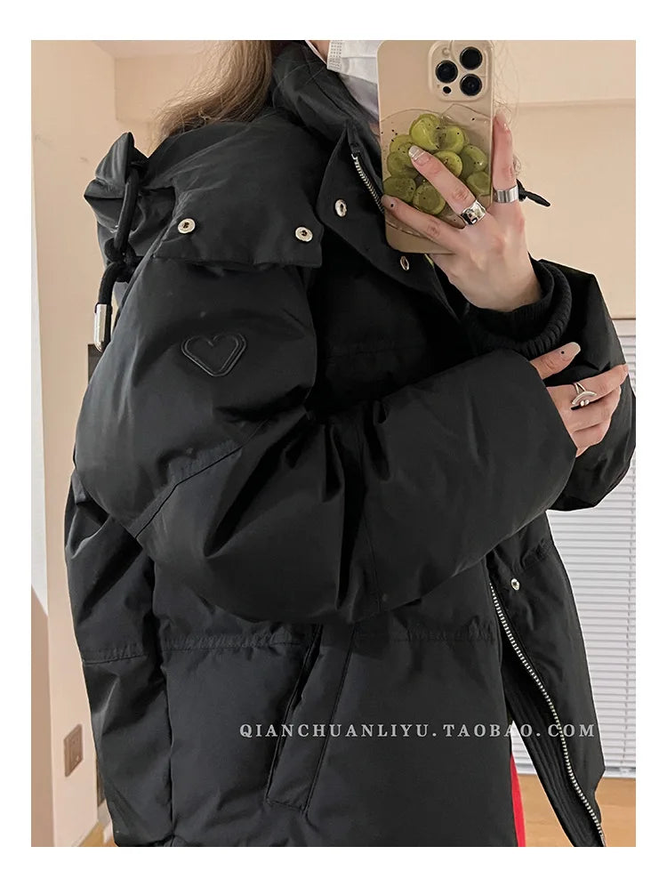 Women's Down Cotton Jacket Hooded Coat Winter Cotton Comfortable Thick Warm Love Embroidery Loose Jacket Snow Coat Clothing