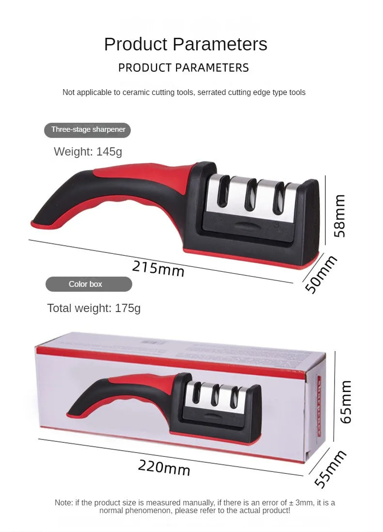 Kitchen 3-Segment Knife Sharpener Household Multi-Functional Hand-Held Three-Purpose Black Sharpening Stone.