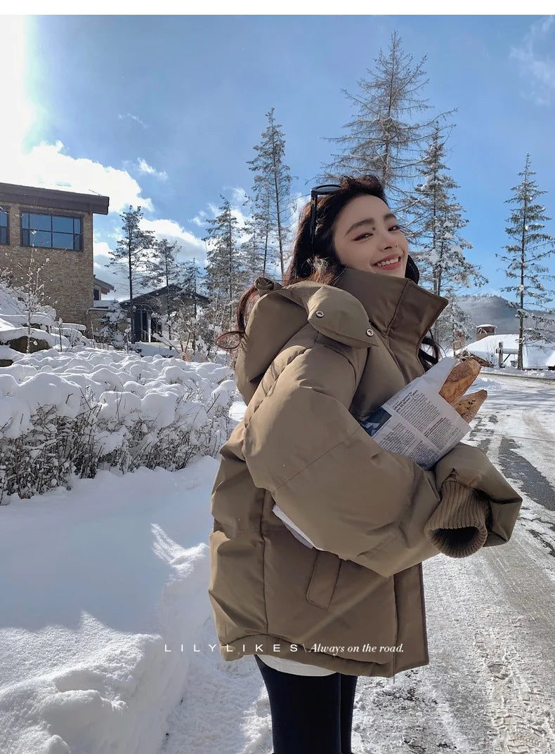 Women's Down Cotton Jacket Hooded Coat Winter Cotton Comfortable Thick Warm Love Embroidery Loose Jacket Snow Coat Clothing