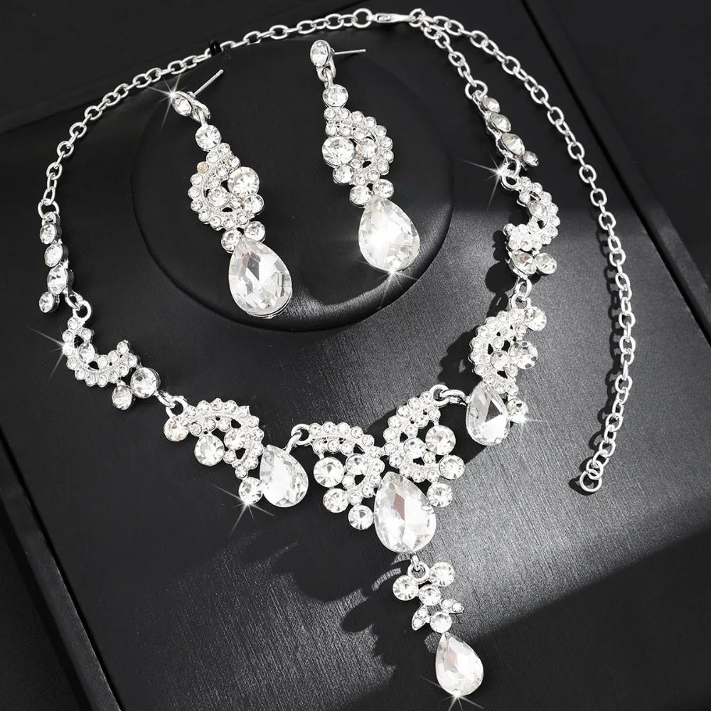 2pcs/set Crystal Bridal Necklaces Earrings Shining Elegant Rhinestone Jewelry Set Exquisite Collar Choker Necklace Earrings Set