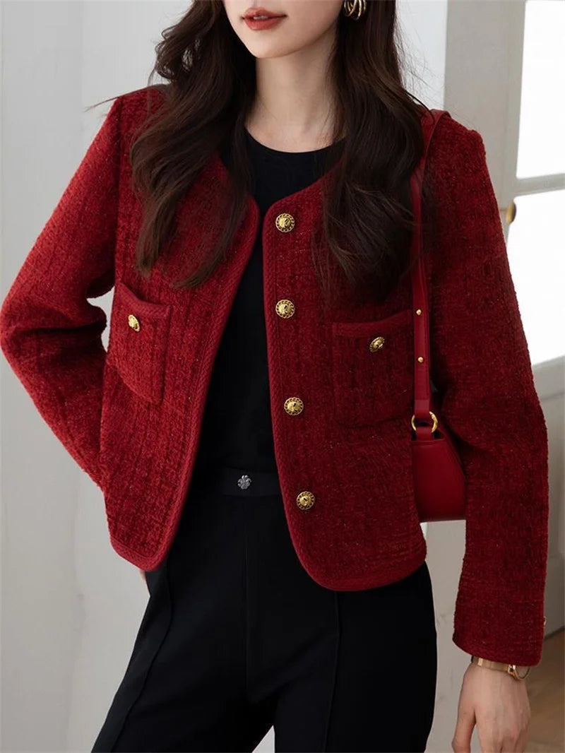 Wine red Coat Women Xiaoxiangfeng Jacket  Autumn and Winter New Short Jackets Elegant Women's Top