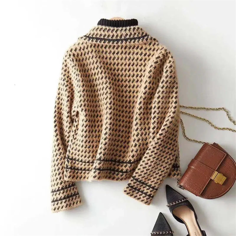 Jackets Women's Autumn Winter 2025 New Small Fragrance Short Coat Female Style Vintage Houndstooth Knitted Cardigan Outwear Tops