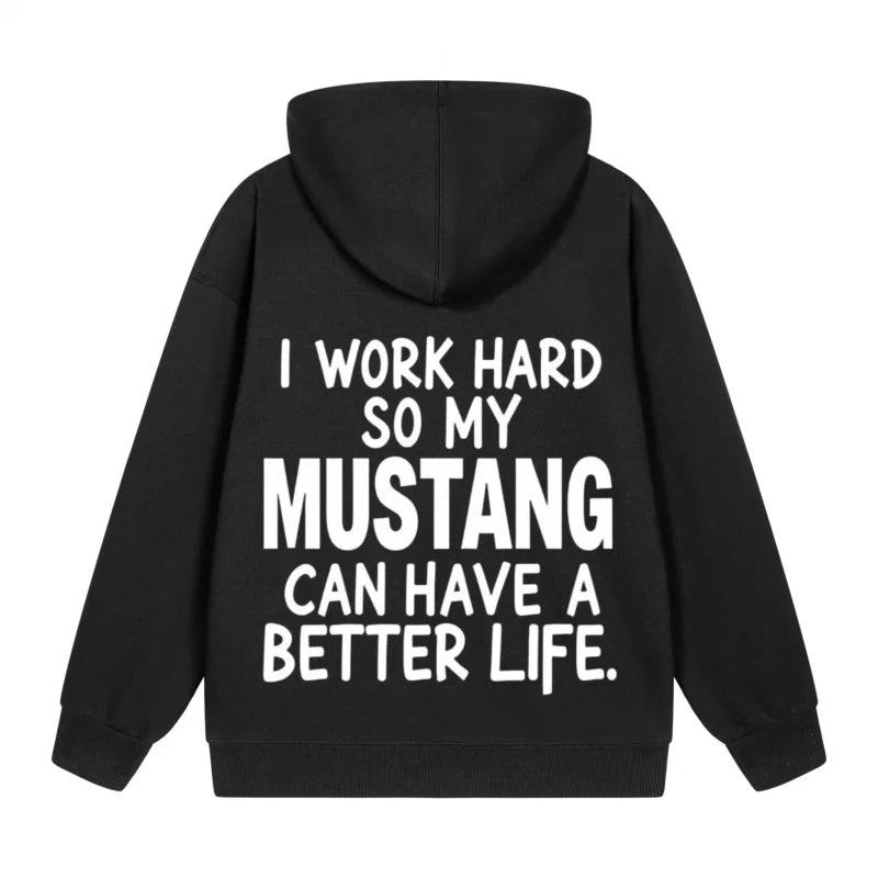 Men's Hooded Jacket Black Mustang Text Print Casual Daily Wear Fashion Streetwear Top Quality Comfortable Sweatshirt