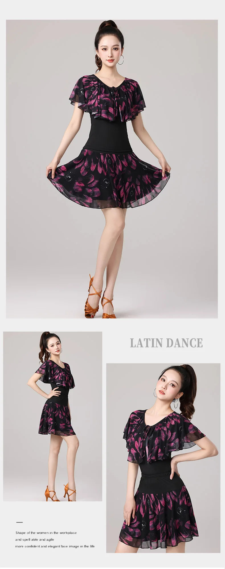 Women Samba Latin Dance Practice Suit Summer New Net Yarn Printed Modern Dance Performance Costume Square Modern Evening Dresses