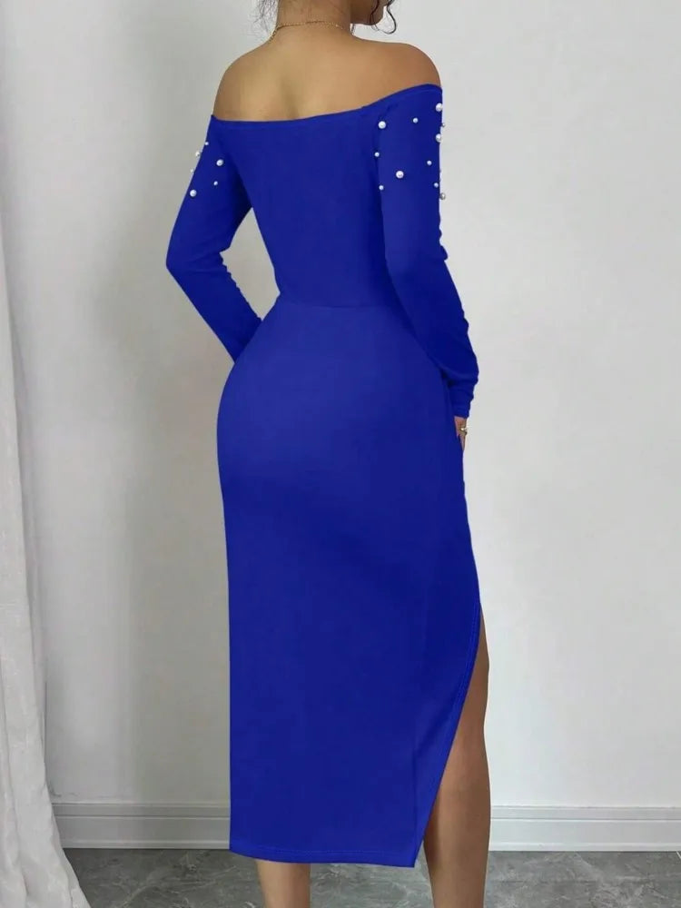 Autumn Winter Women Sexy Party  Split Midi Dress Fashion Off Shoulder Beaded Ruched High Waist Skinny Irregular Women's Dress