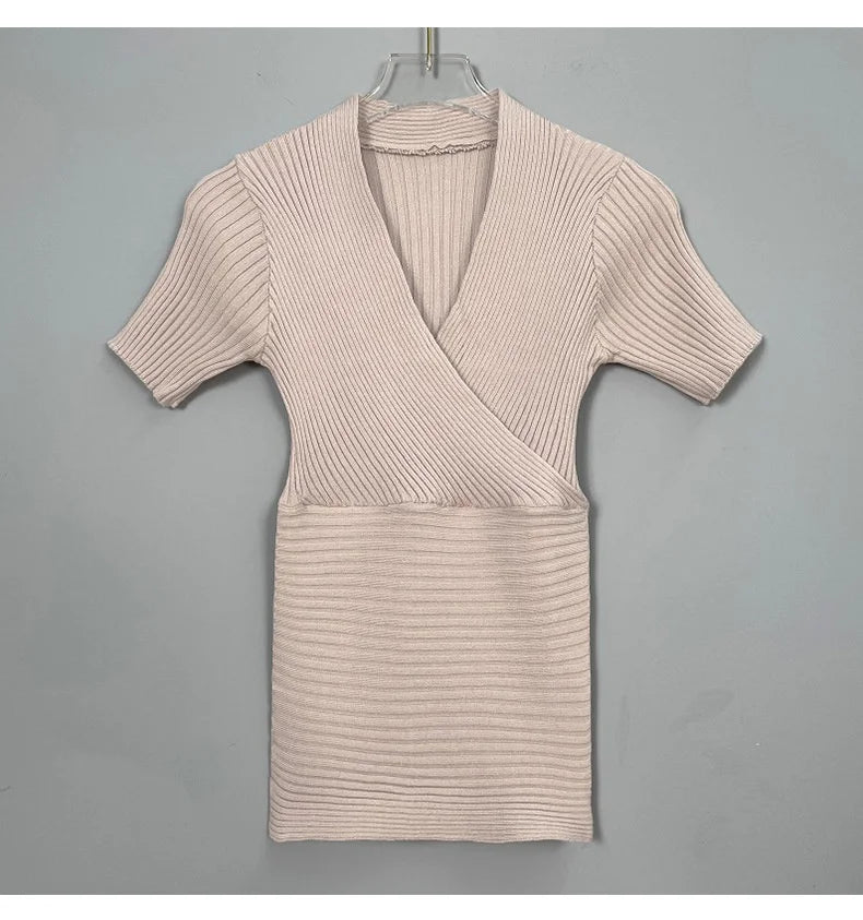 WOMENGAGA Korea Sexy V-neck High Waist Large Chest Tight Thin Knit Short Sleeve T-shirt Women's Hot Sexy Korean Women Tees 5INW