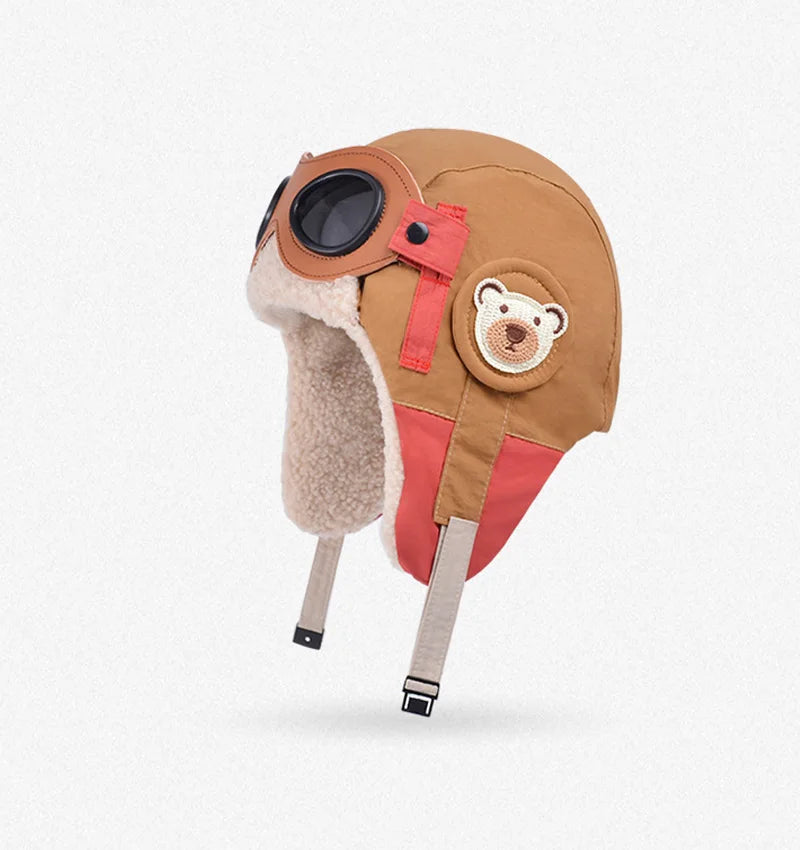 Winter Kids Skiing Hat with Detachable Goggles Kids Beanie Protect Ears Fleece Lining Children Bonnet Cap for Boys Girls 4-12Y