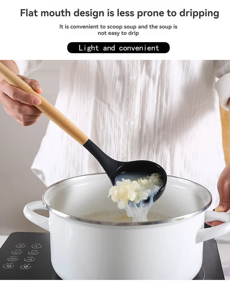 Kitchen utensil set with wooden handles, non-stick pans, food-grade cooking silicone storage set, baking and frying kitchen set