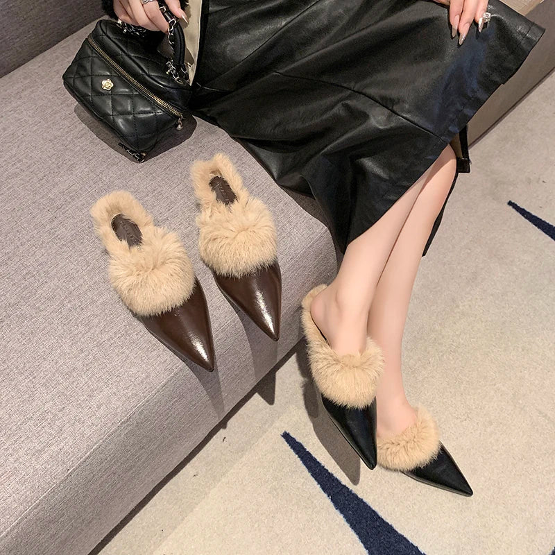 2025 New Shoes for Women House Slippers Platform Fur Flip Flops Slides Loafers Cover Toe Low Plush New Flat Basic Женская Обувь