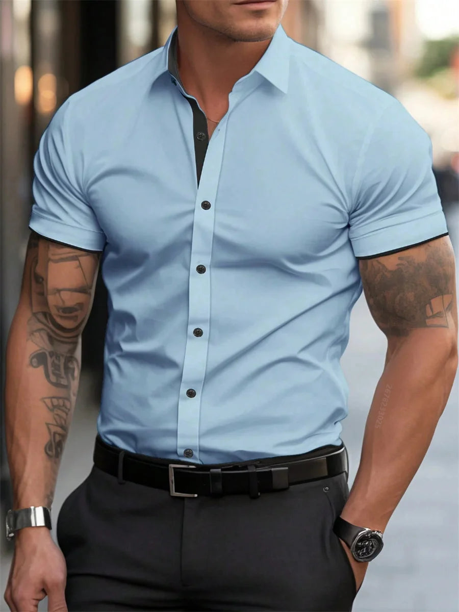 Men's short-sleeved shirts for casual daily wear. Large men's summer slim, light, elastic and iron-free business shirts