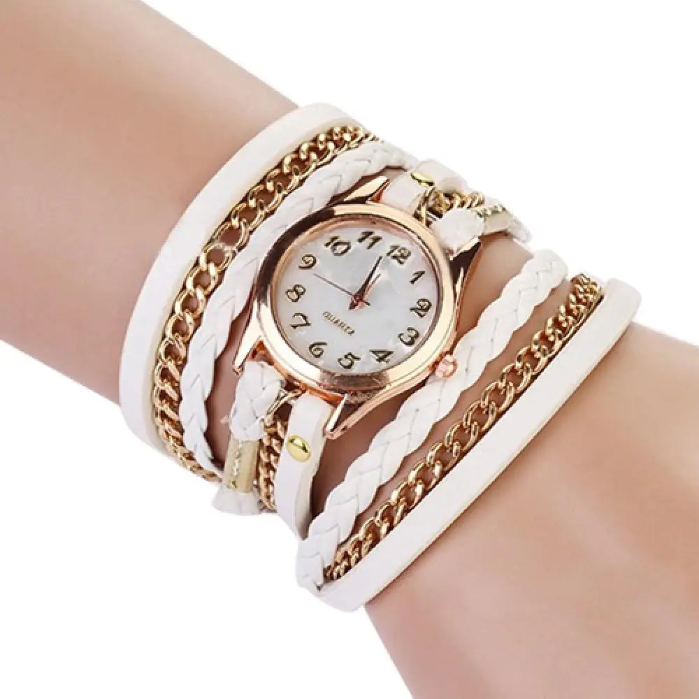 Quartz Wristwatch for Women Vintage Multilayer Faux Leather Alloy Braided Bracelet Wrist Watch Jewelry