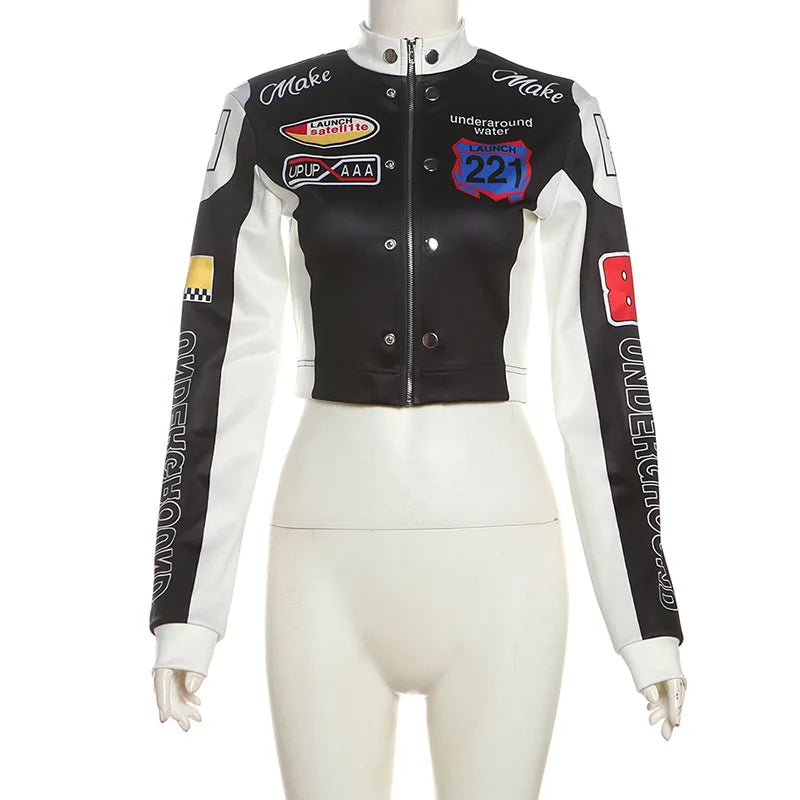 Women Fashion Hipster Pu Leather Jacket Y2K Letter Printed Hipster Motorcycle Jackets Spring Autumn Single-Breasted Casual Coat