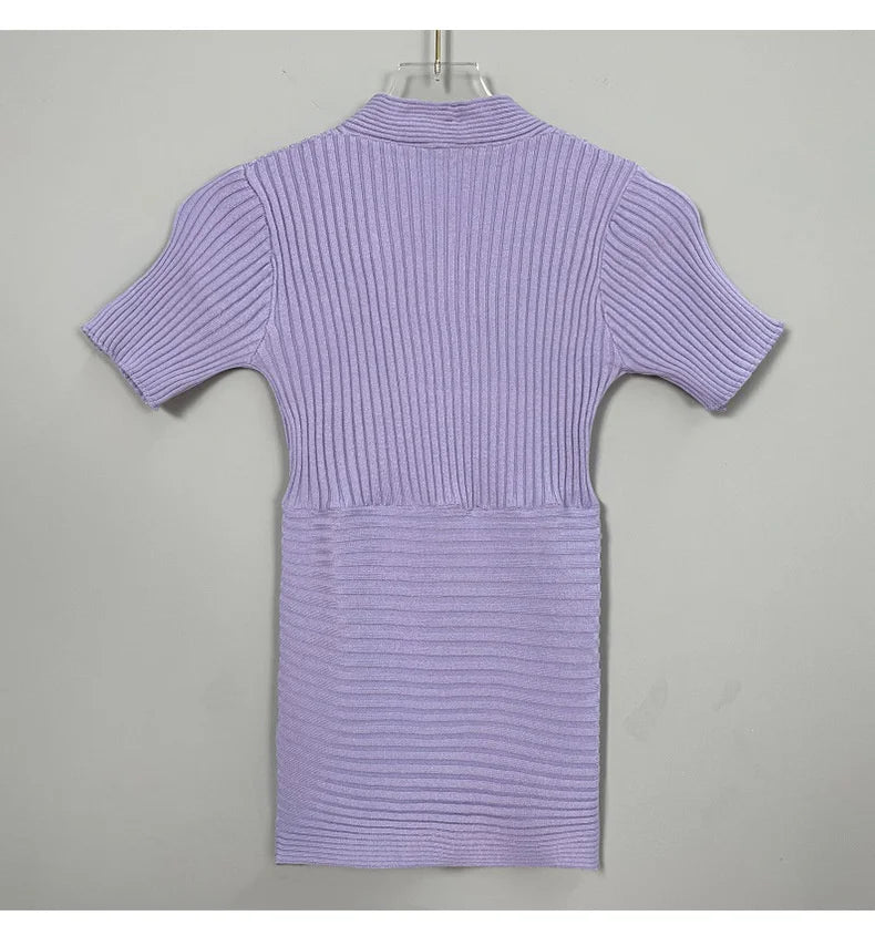 WOMENGAGA Korea Sexy V-neck High Waist Large Chest Tight Thin Knit Short Sleeve T-shirt Women's Hot Sexy Korean Women Tees 5INW