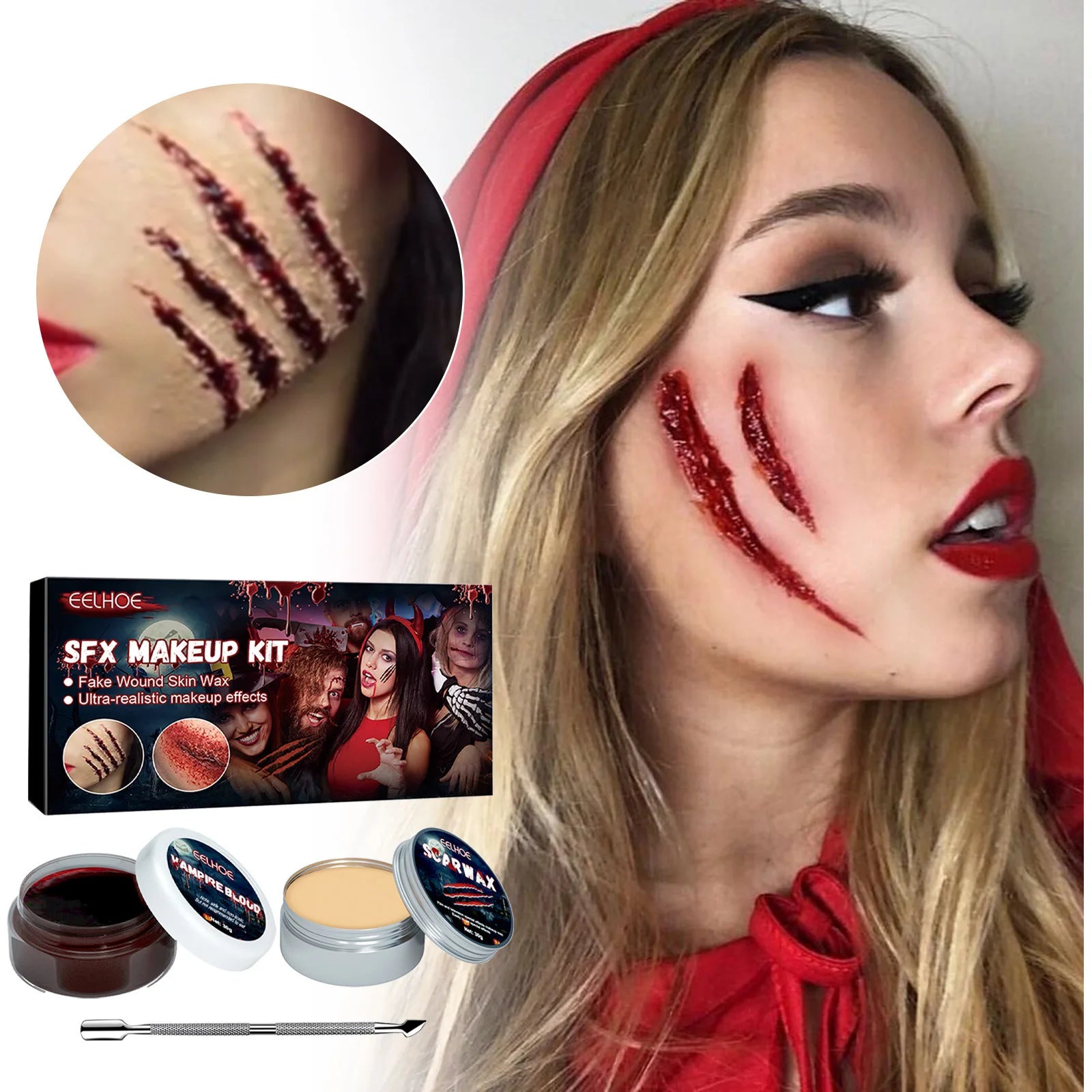 Halloween Special Effects Makeup Kit,Scar Wax with Spatula and Clotted Blood Gel,Fake Wound,Creepy Atmosphere Party Makeup Props