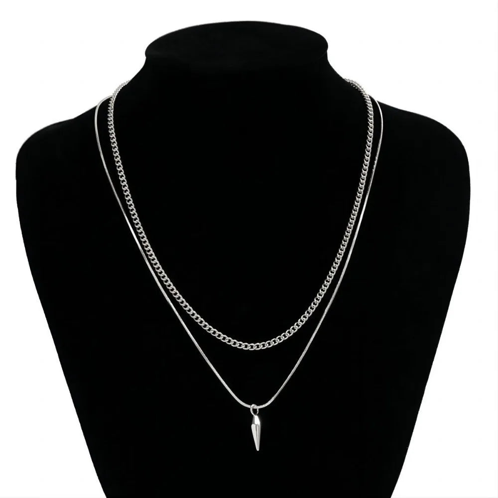 Hip-hop Fashion Double Layer Fold Wear Rivets Pendant Necklace Stainless Steel Clavicle Chain for Men Jewelry Accessories Gifts