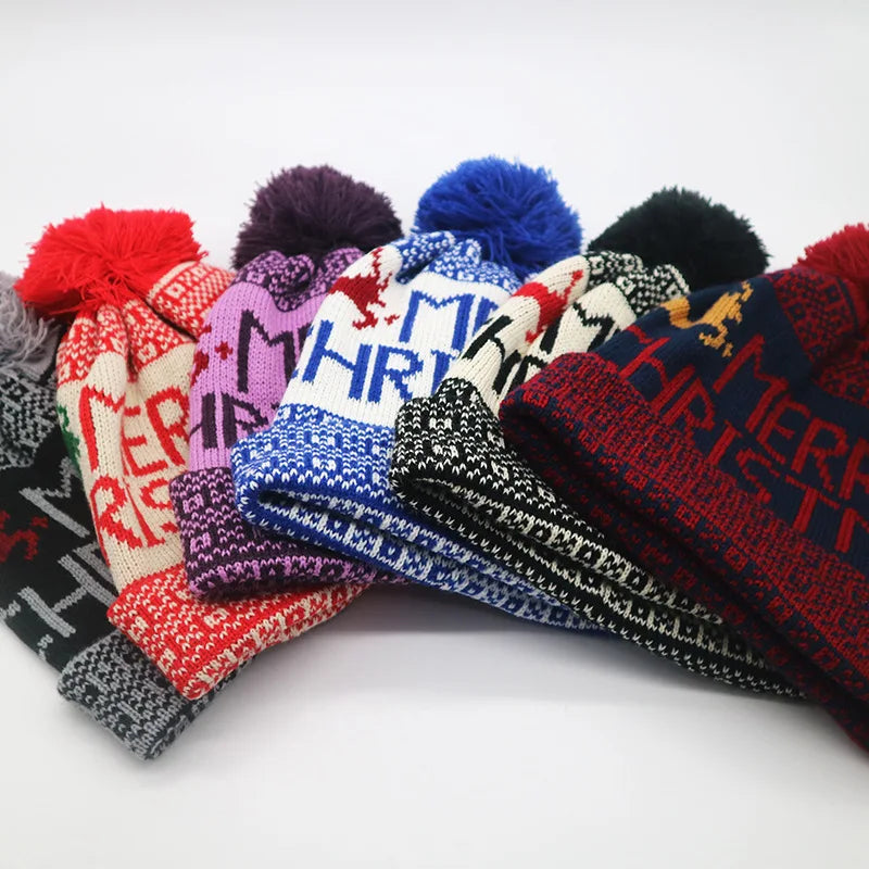 Winter Fashion Christmas Hat Santa Claus Hairball Hat Jacquard Knitted Christmas Hat Warm Ear Protector Wool Hat
