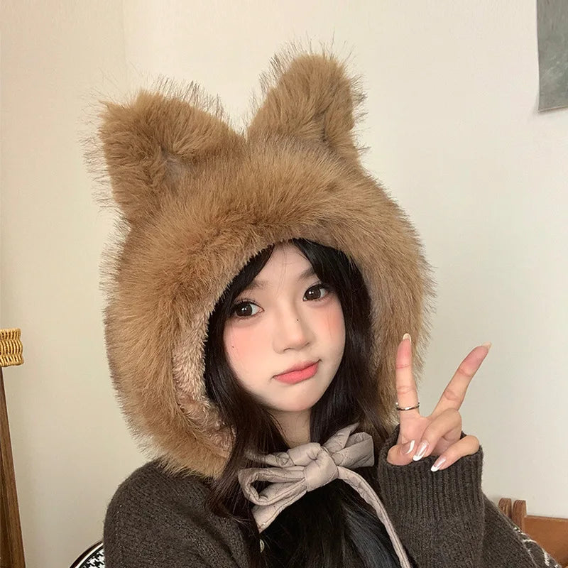 Winter Hat Thicken Ski Beanie Hat for Women Balaclava Spicy Girl Style Cat Girlfriend Hat Outdoor  Warm Protection Accessories