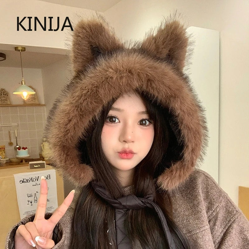 Winter Hat Thicken Ski Beanie Hat for Women Balaclava Spicy Girl Style Cat Girlfriend Hat Outdoor  Warm Protection Accessories
