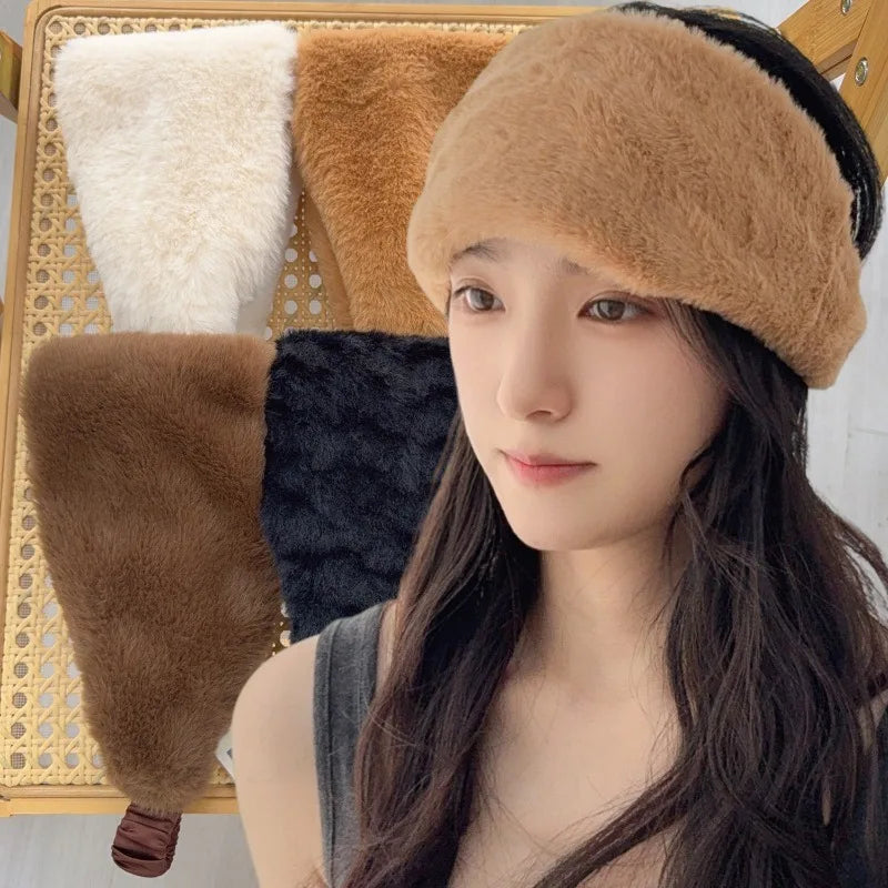 Winter Wide Headband Rabbit Fur Hairband Elastic Windproof Warm Ear Protection Women Hair Accessory for Cold Weather Styling