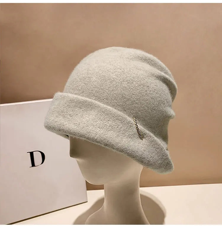Winter Hat for Women Soft Warm Wool Cap Adjustable Ladies Beanie Cloche Bucket Hat Crushable Ski Hat Upturn Brim Church Hat