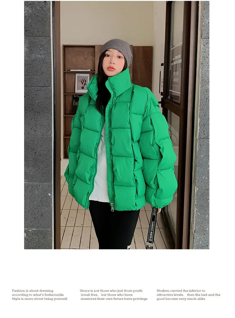 Winter Jacket for Women Three-dimensional Plaid Woven Fashion Coat Solid High Street Warm and Thick 2023 Winter New Down Jacket