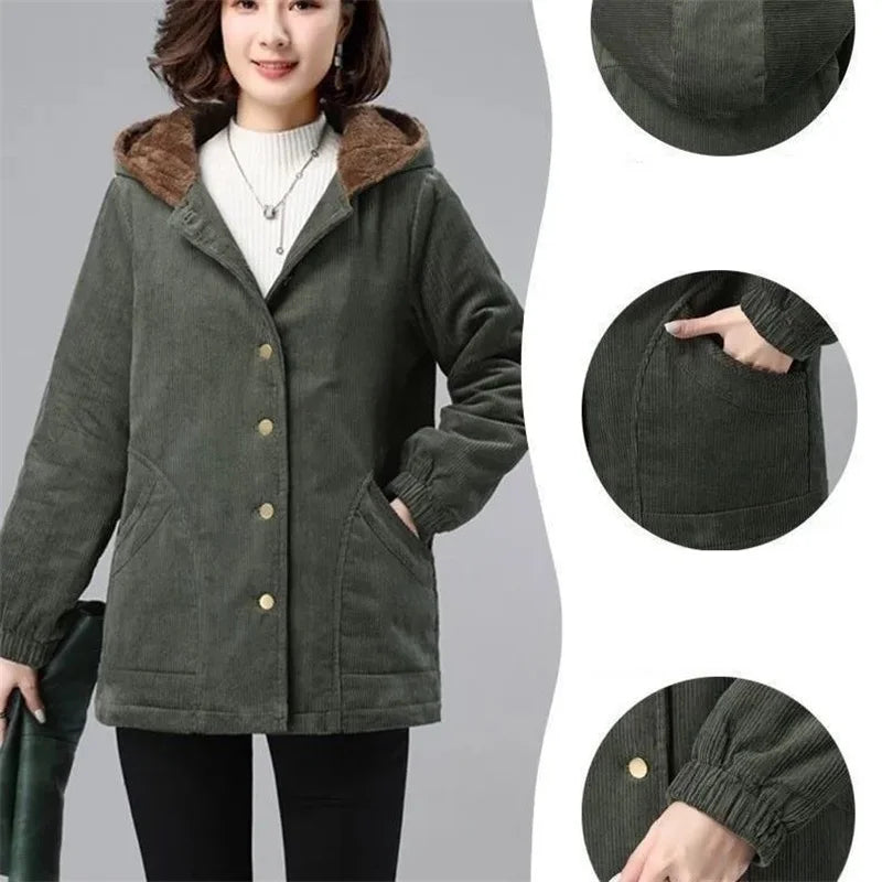 Women Corduroy Jackets 2025 New Autumn Winter Solid Loose Coat Female Casual Middle-Aged Plus Velvet Warm Hooded Ladies Overcoat