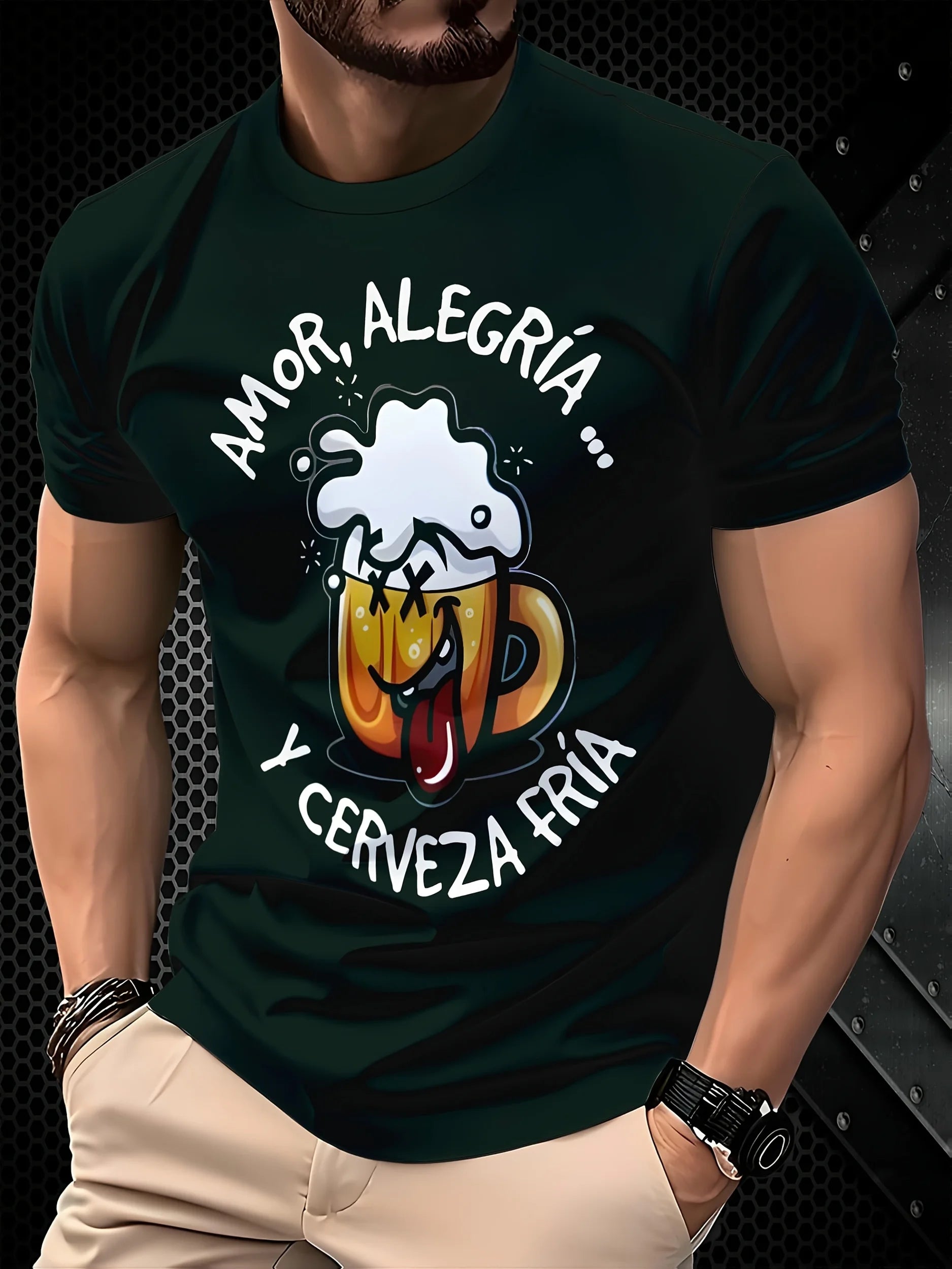 Men's Casual Black T-Shirt with Playful Beer Mug Graphic - Comfortable Polyester Blend,Short Sleeve,Round Neck,\