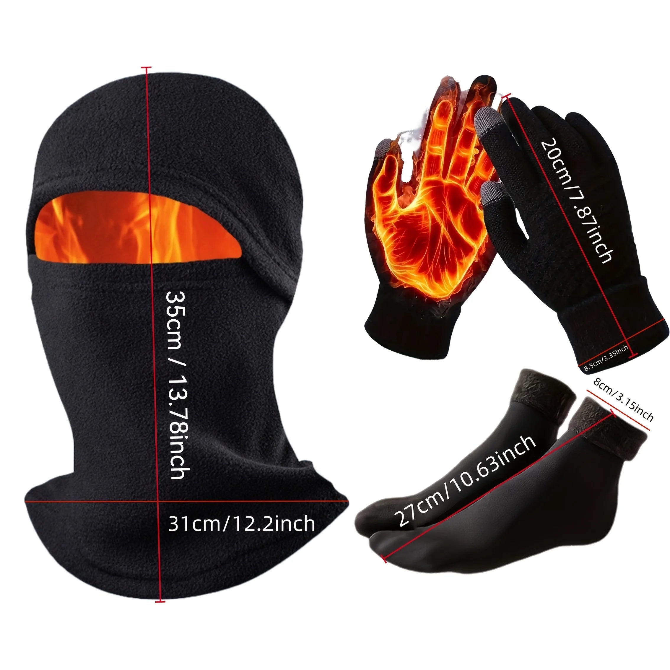 3-Piece Winter Accessories Set Warm Polyester Helmet Pads with Windproof Balaclava Touch Gloves and Thick Socks