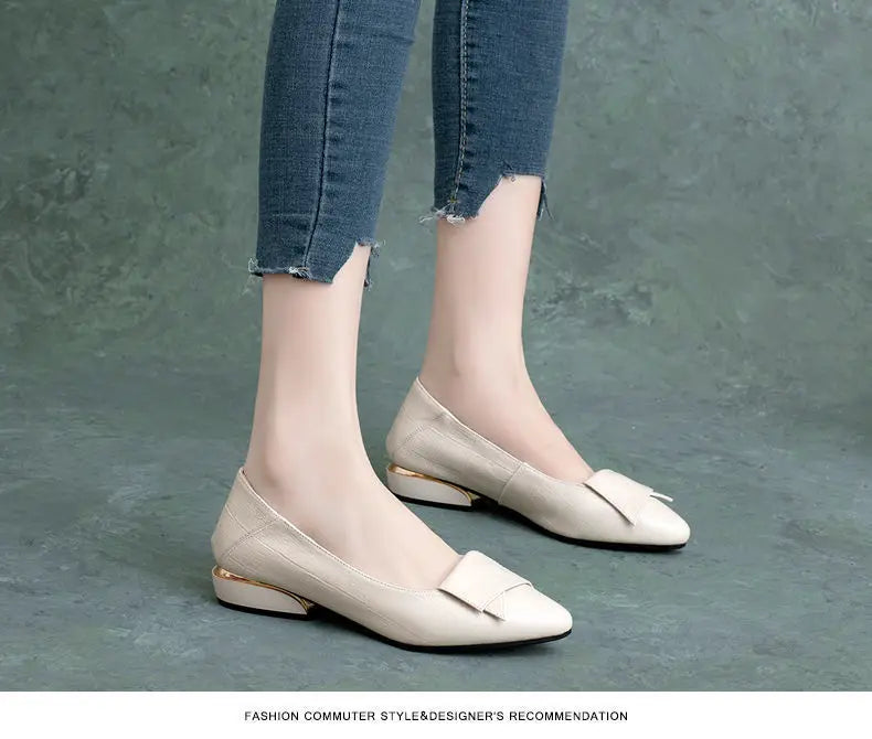 Shoe Women's 2024 New Spring and Autumn Shallow Cut Thick Heel Pointed Toe Women's Shoes Soft Leather Soft Sole Shoes Work Shoes