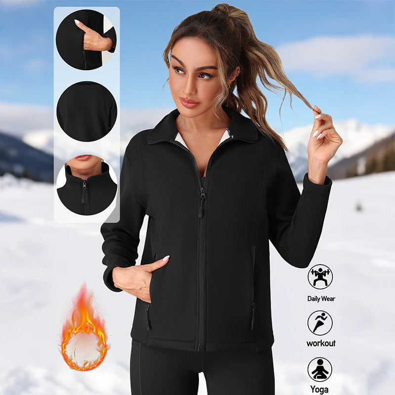 Fleece Jacket for Women Full Zip Solid Color Pullover with Two Utility Pockets Autumn Winter Warm Thick Coat Slim Soft Jacket