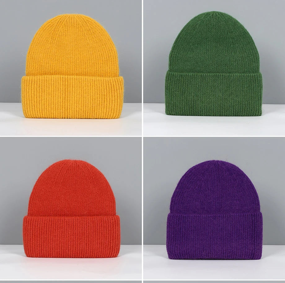 Winter Hats For Women Rabbit Fur Beanie Hat Woman Knitted Skullies Beanies Solid Wool Soft Autumn Winter Cashmere Caps Bonnet