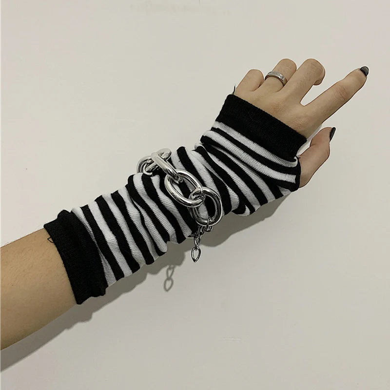 Winter Warm Long Sleeves Gloves for Man Women Fingerless Stripe Hip-Hop Knitted Elbow Mittens Elastic Outdoor Warmer Arm