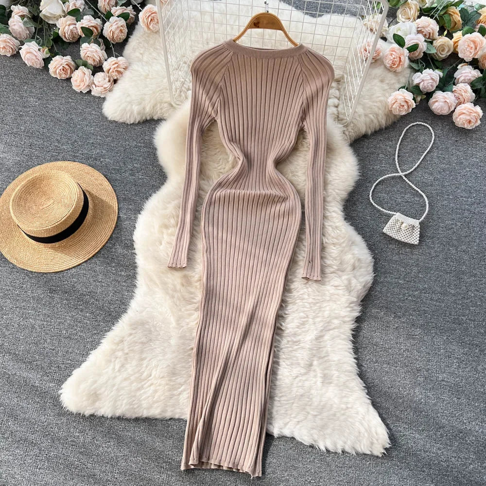 Women Knitted Dress O Neck Sexy Slim Elastic Oversized Basic Bodycon Long Dress Winter knit Warm Sweater Dresses