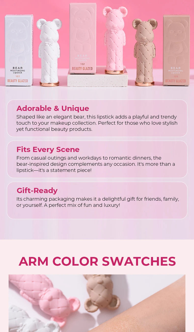 Beauty Glazed Bear Moisturizing Lipstick,Colored Lip Balm,Nourishing Lip stick,Easy To Color,Watery