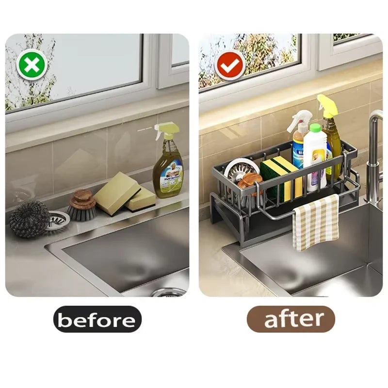 Kitchen Drainable Storage Rack With Hanging Rod Countertop Cleaning Supplies Without Punching Multi-Functional Storage Rack Tool