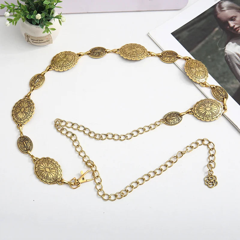 1 piece set of waist chain accessories for women's retro Bohemian ethnic style silver metal chain belt with skirt belt