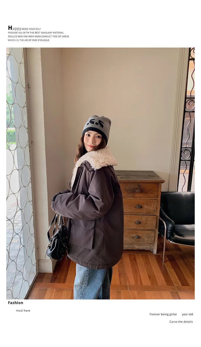 Women Parkas Short Coats Jackets Turn Down Collar Thick Warm Y2k Streetwear Elegant Jacket Work Coat Autumn Winter 2025
