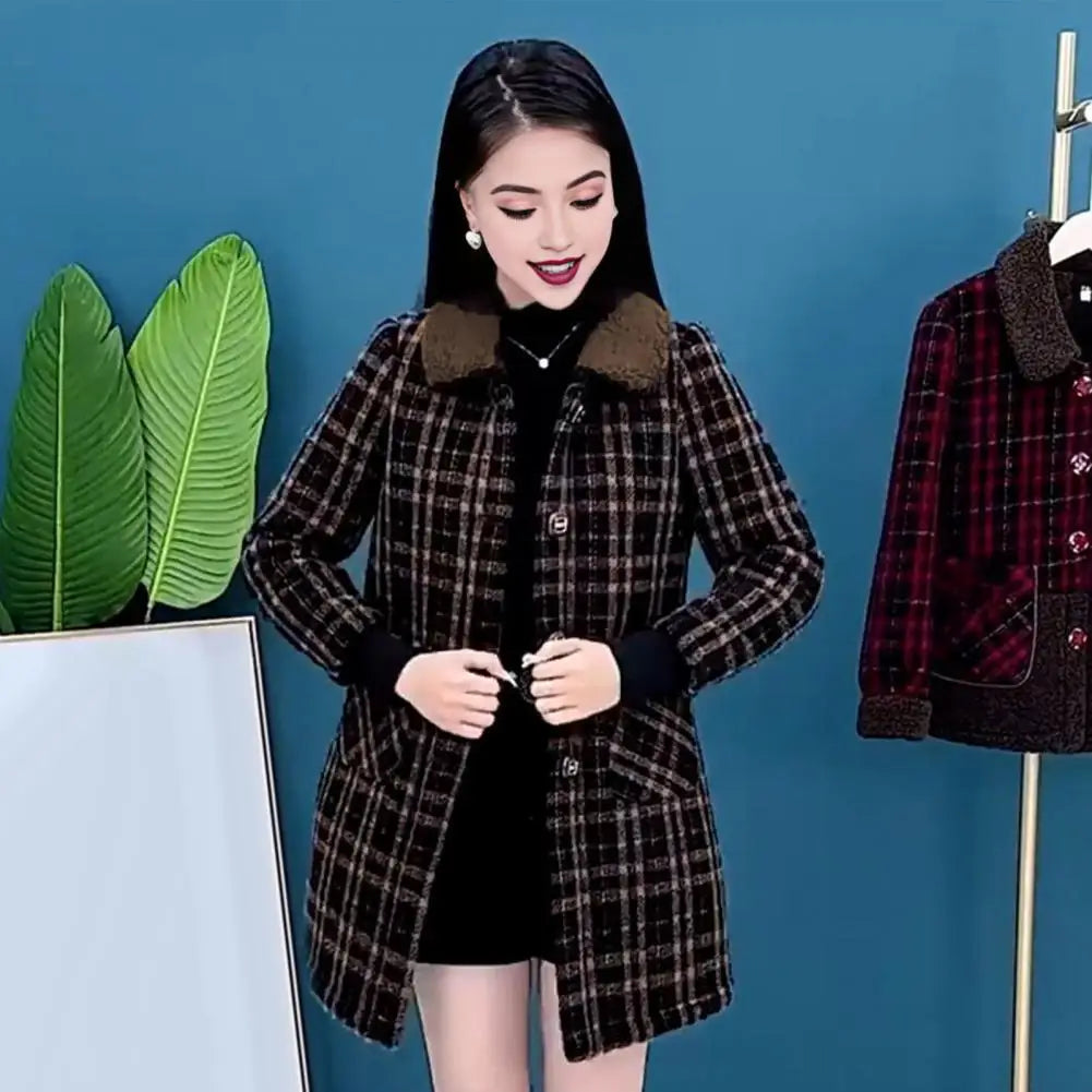 Women Plaid Coat Checkered Winter Mother Jacket Pockets Turn-down Collar Single-breasted Mid Length Overcoat Mid-aged Women Coat