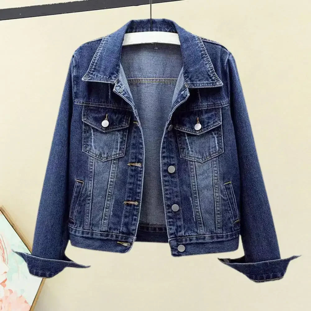 Women Denim Jacket Single-breasted Chest Flap Pocket Jacket Long Sleeve Slim Short Coat Retro Ladies Denim Jackets Outerwear