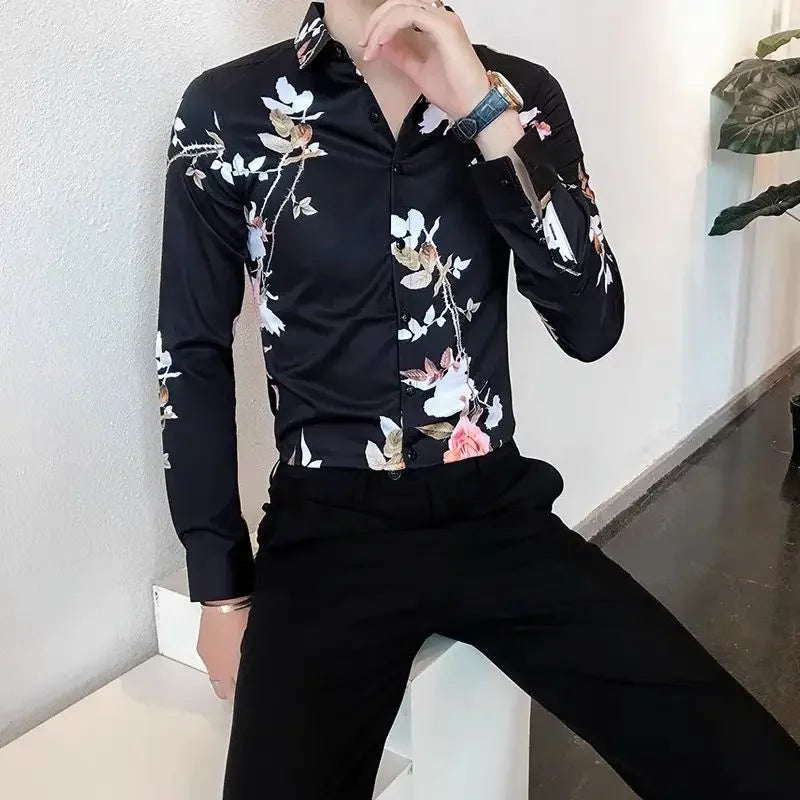 Shirts For Men White With Print Man Shirt Long Sleeve Printed New In Collar Asia S Korean Popular Clothes Trend Original Tops