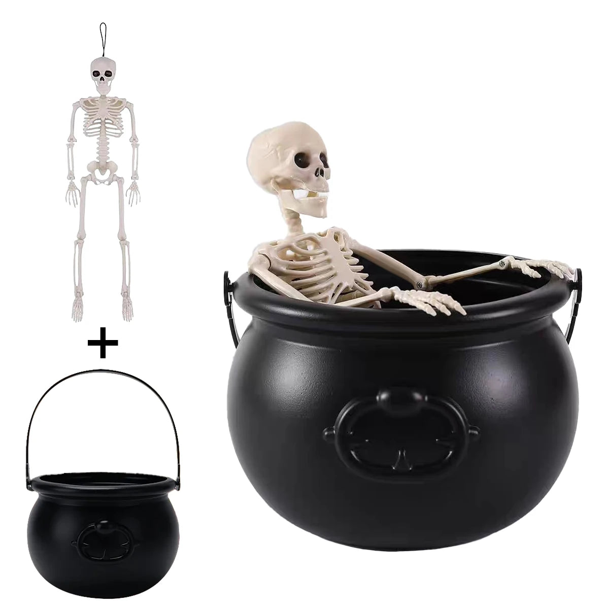 Halloween decorations - Witch's cauldron, Skull skeleton, Indoor family gathering decoration set, Candy bucket, Plant container