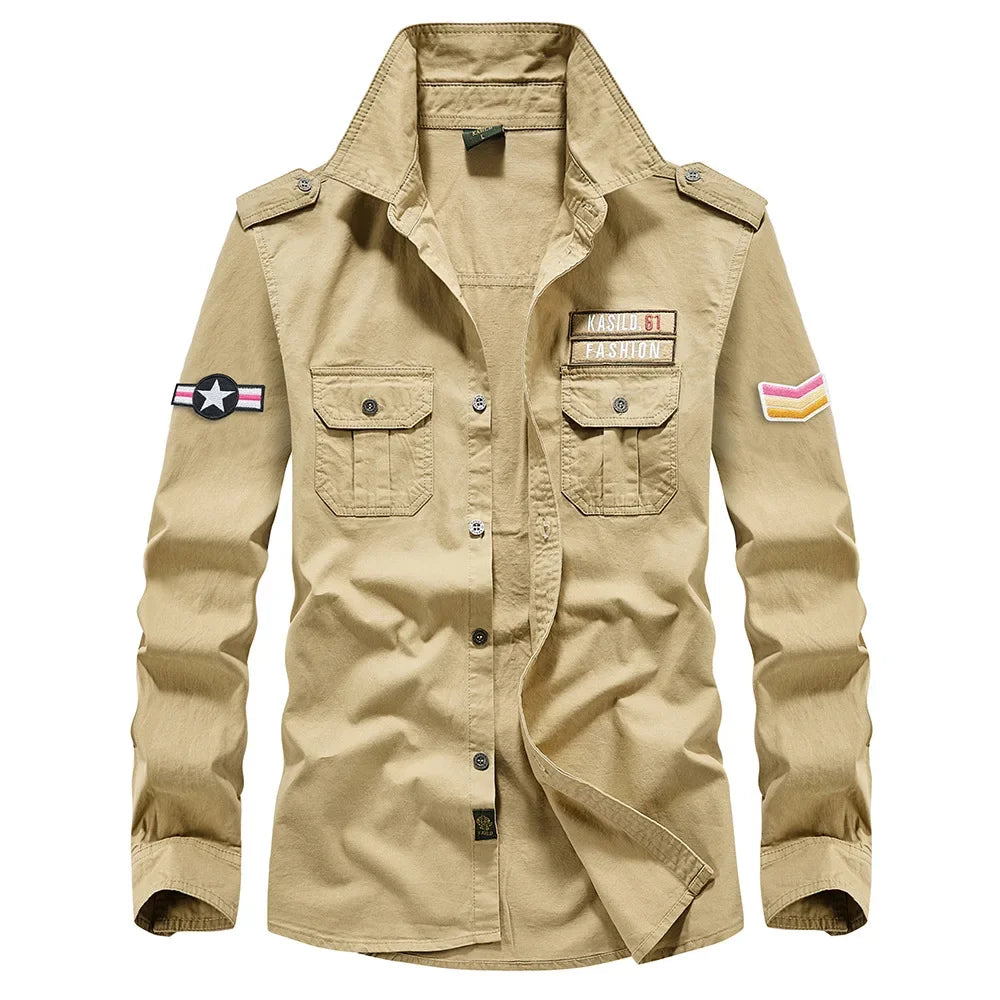 2023 Spring Shirts Men Long Sleeve Casual 100% Cotton High Quality Camisa Military Shirts Fashion Brand Clothing Black Blouse