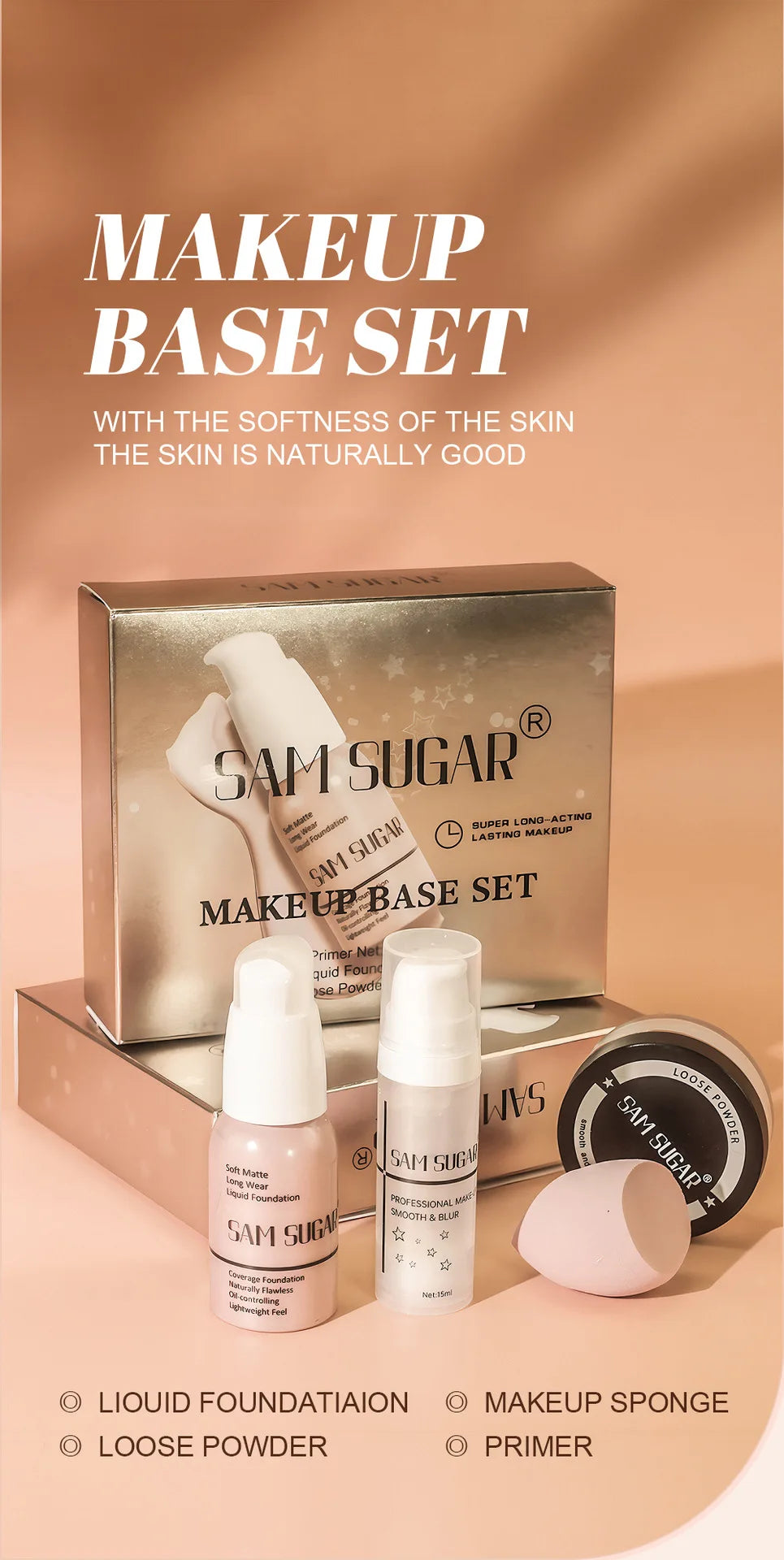 Makeup Base Set With 15ml Primer 30ml Matte Foundation 5g Loose Powder Puff For Smooth Flawless Skin Longwear