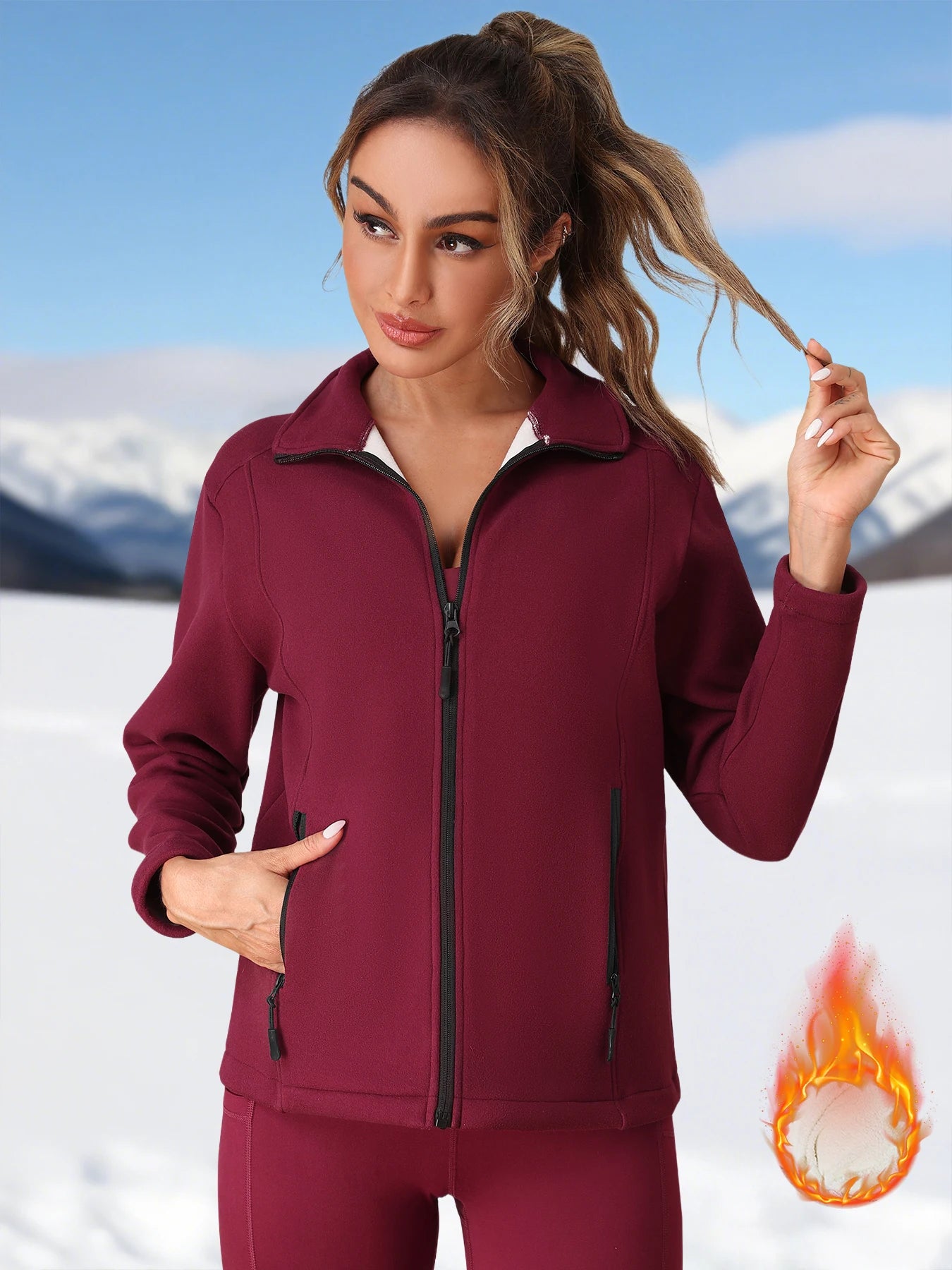 Fleece Jacket for Women Full Zip Solid Color Pullover with Two Utility Pockets Autumn Winter Warm Thick Coat Slim Soft Jacket