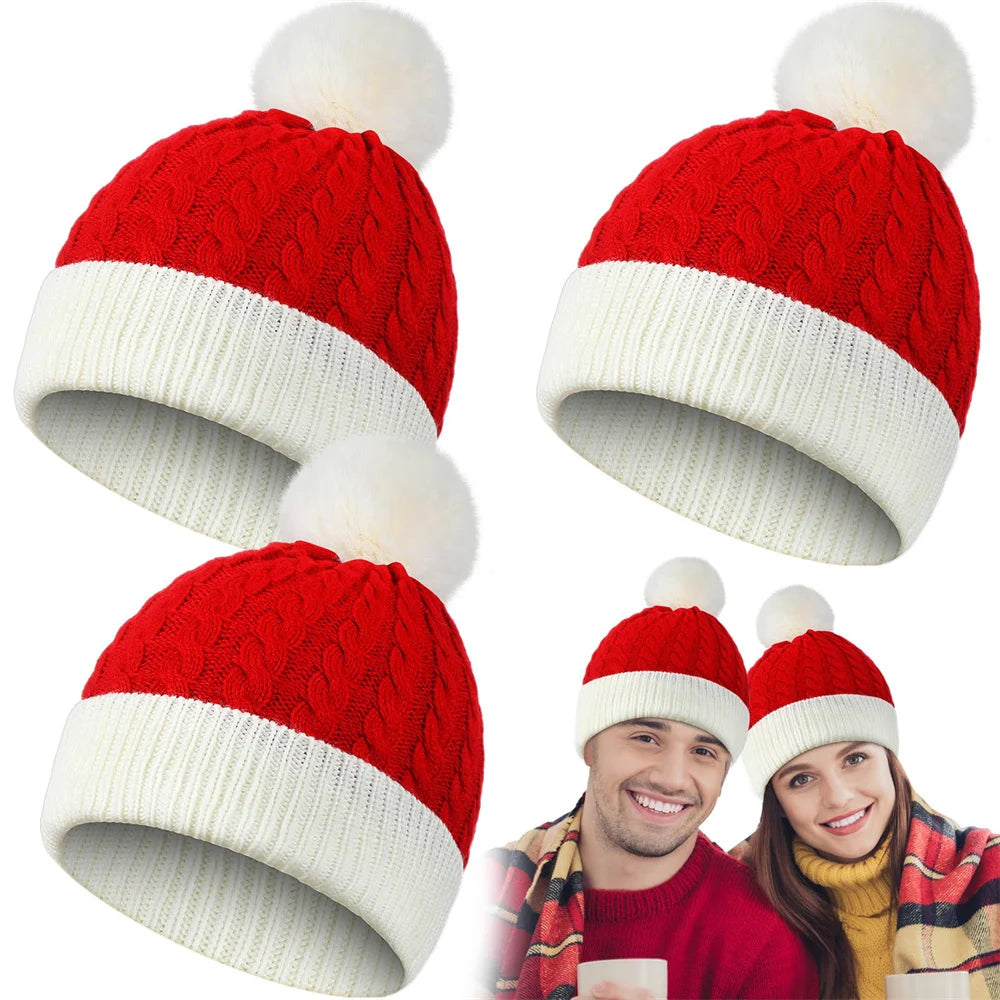 Winter Fur Pom Poms Hat Winter Hat For Adult Kids Hat Knitted Beanies Cap Hat Thick Christmas Xmas Santa  Skullies Beanies