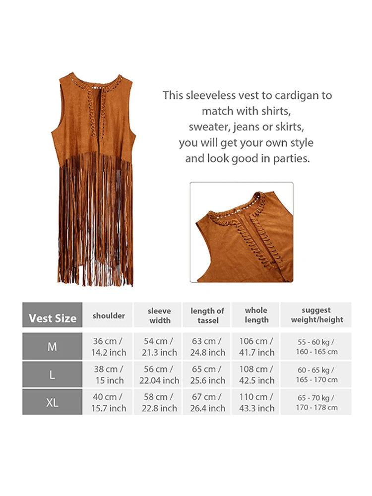 Women's Tassel Sleeveless Vest 60Ss 70s Female Hippie Disco Fringe Cardigan Peace Sign Accessories for Carnival Cosplay