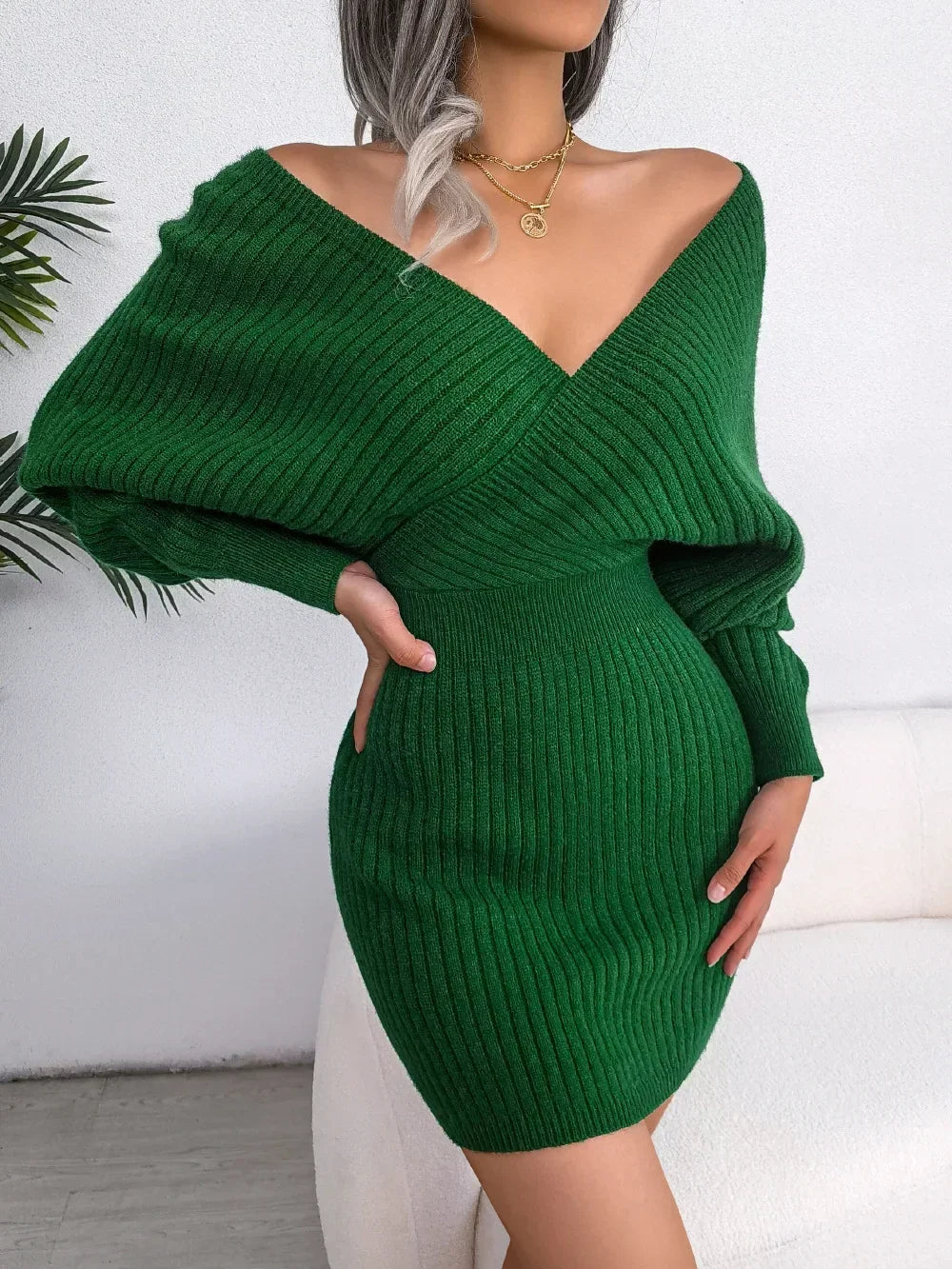 Autumn Winter Casual Sexy Cross V Neck Batswing Sleeve Dress for Women Solid Color Wrap Hip Woolen Dress