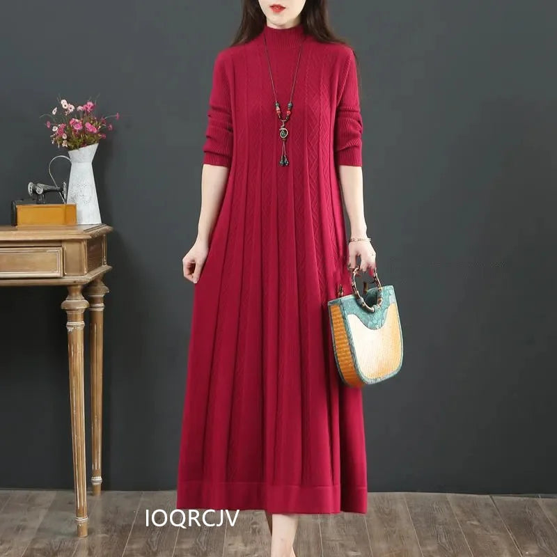 Autumn Winter New Cashmere Knitted Dress Women Half High Collar Sweater Dress Female Loose Pullover Mujer Vestidos