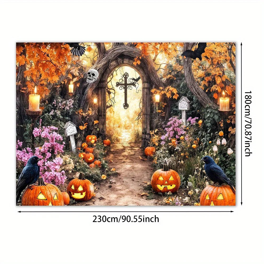 Halloween Magical Forest Background - Terrifying Skeleton, Pumpkin, and Haunted House Scenes with Candles and Skull Heads