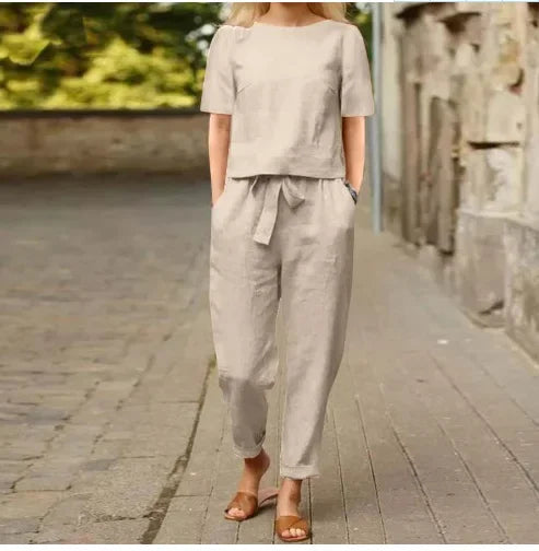 Women's Cotton Linen Suit Summer Matching Suit Half-sleeved Round Neck Tie Elastic Waist Trousers Wide-leg Pants Retro Suit